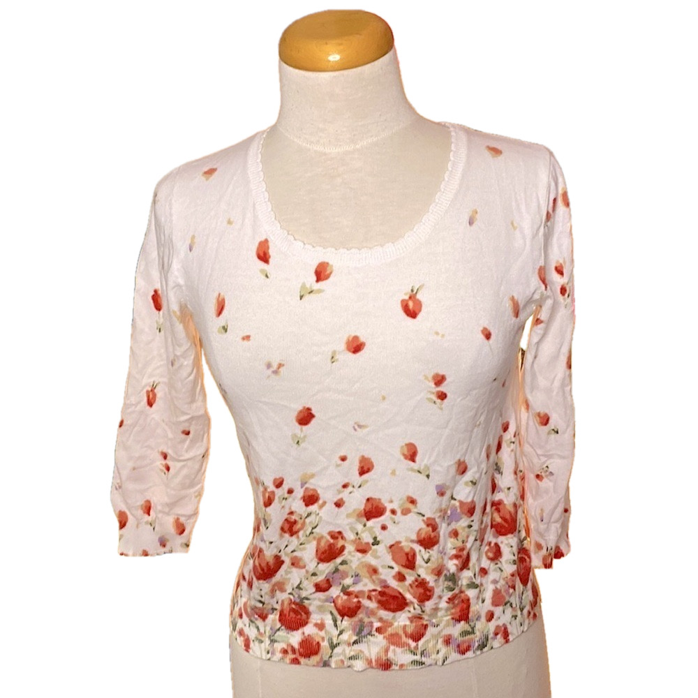 🌷 DKNY 🌷 Vintage White Orange Floral Cotton Knit Light Crop Sweater Top